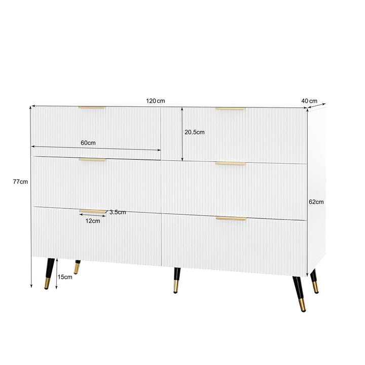 White and gold particle board storage sideboard with 6 drawers FERNGLADE UK