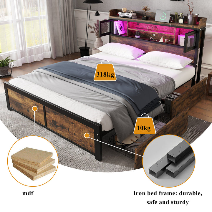 Multifunctional wooden look double bed&nbsp; with LED lighting, 2 drawers & charging ports (135x190cm) ELATERSPRING