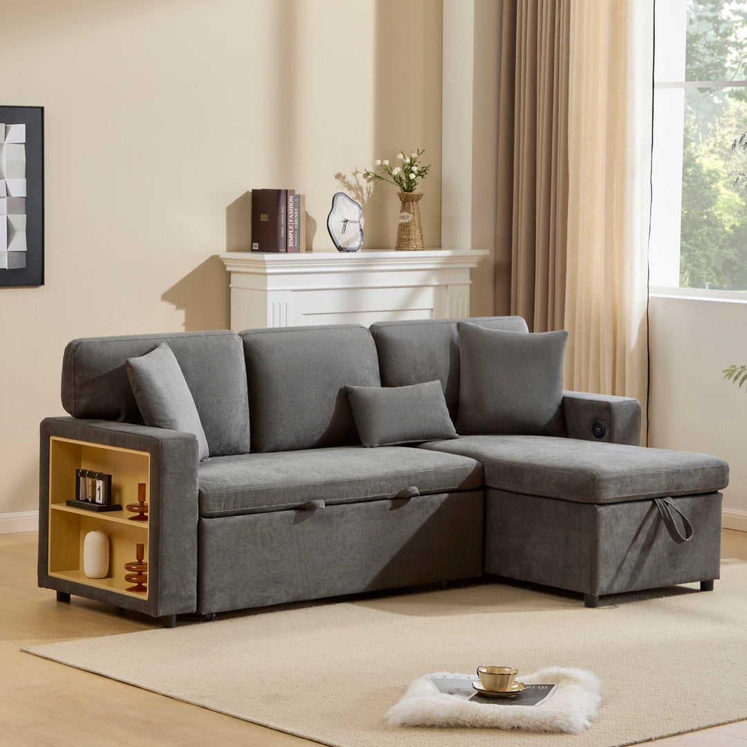Grey L-shaped corner sofa bed, side shelf with integrated USB and storage VOLATILGAS