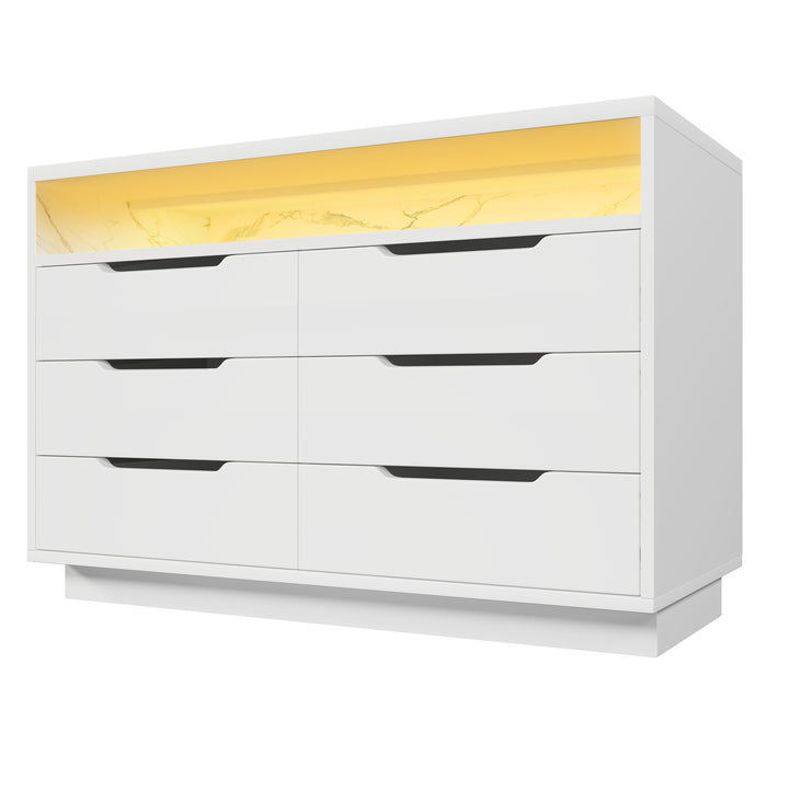White marbled look 6-drawer sideboard with LED lighting MAGNETOPAUS