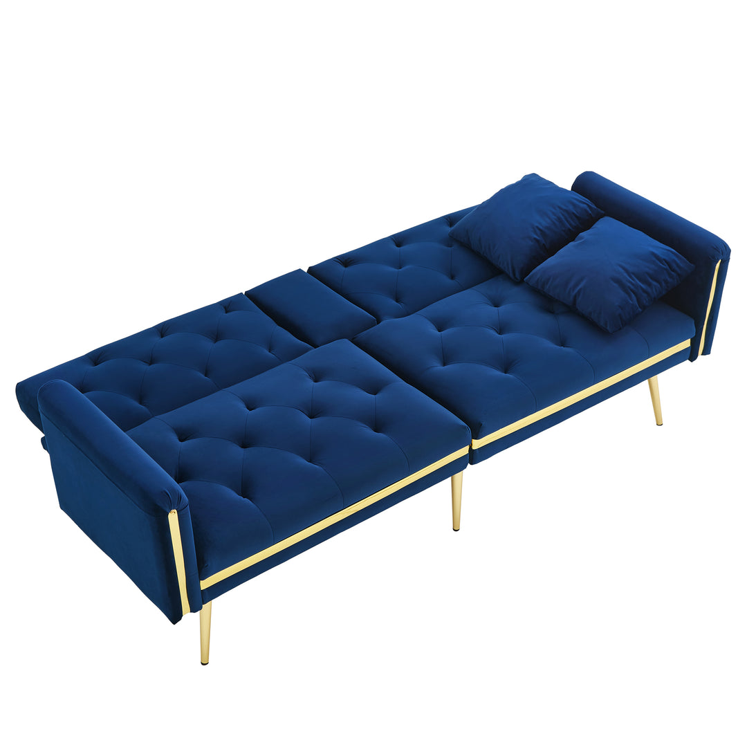 Blue velvet tufted 2-seater sofa bed with gold legs hidden fold-down cup holder FUMAROLEVENT