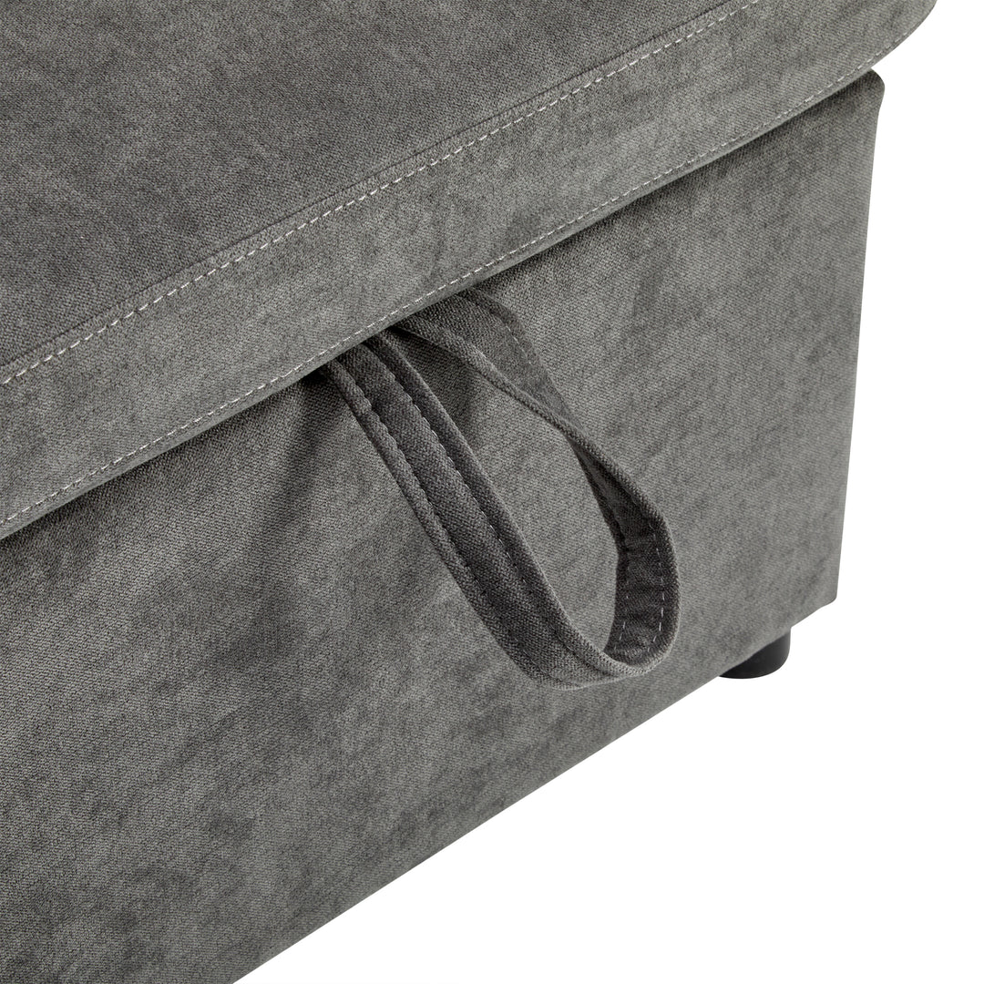 Grey L-shaped corner sofa bed, side shelf with integrated USB and storage VOLATILGAS
