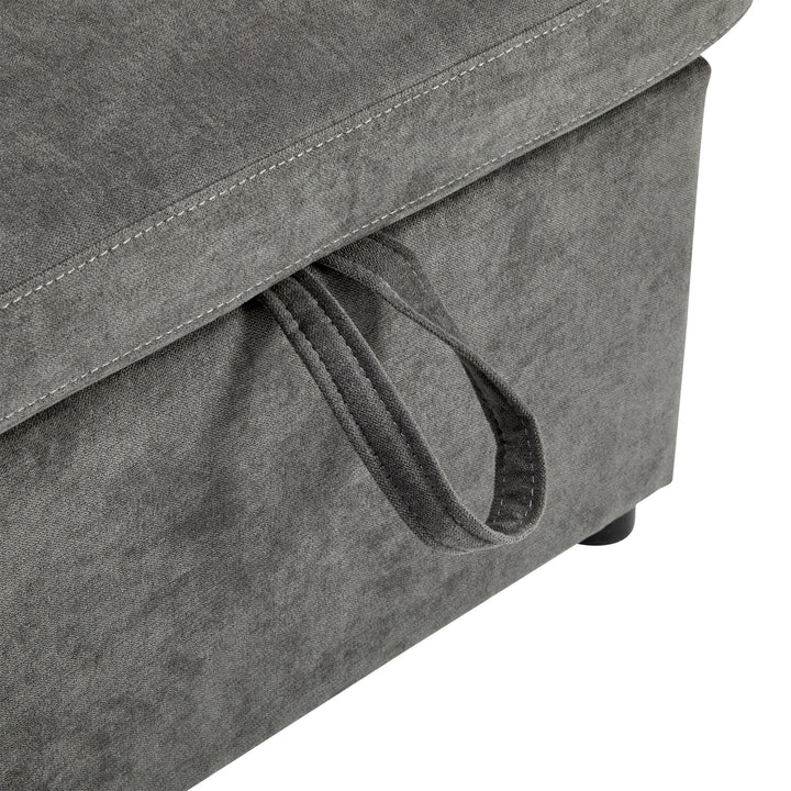 Grey L-shaped corner sofa bed, side shelf with integrated USB and storage VOLATILGAS