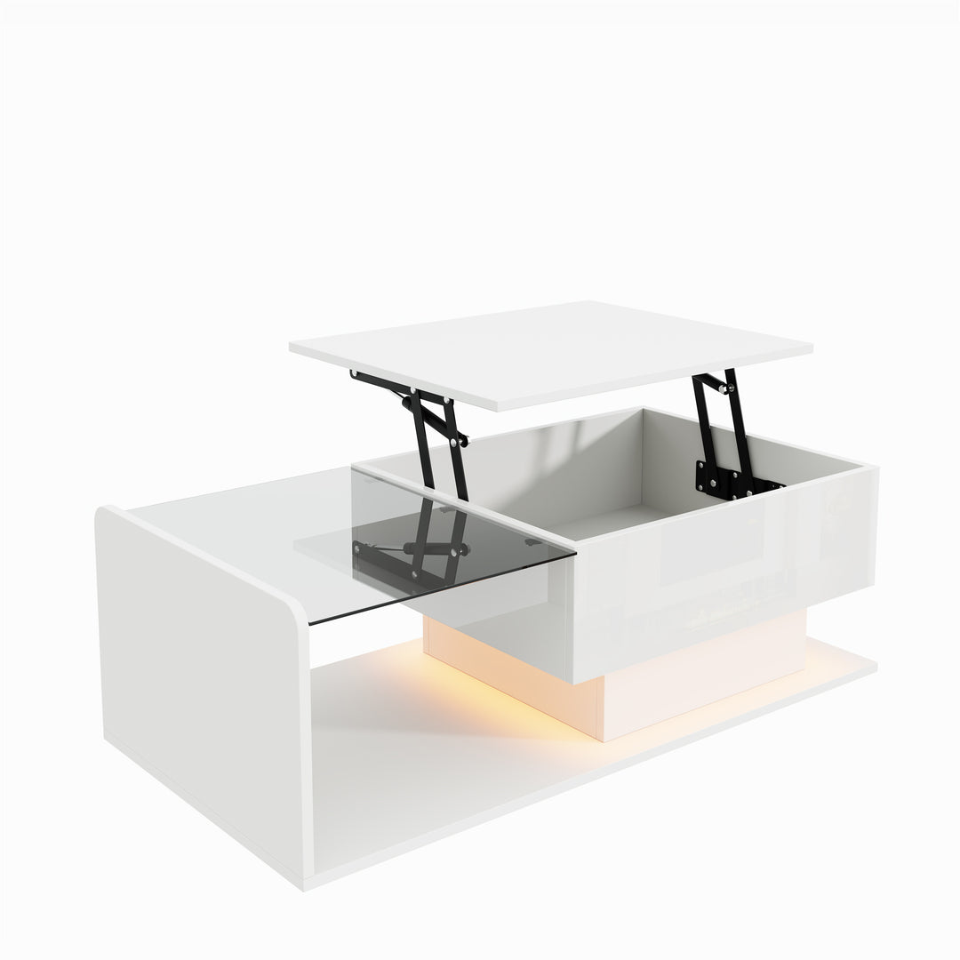 White high-gloss rectangular coffee table and LED lighting with glass top LUNG