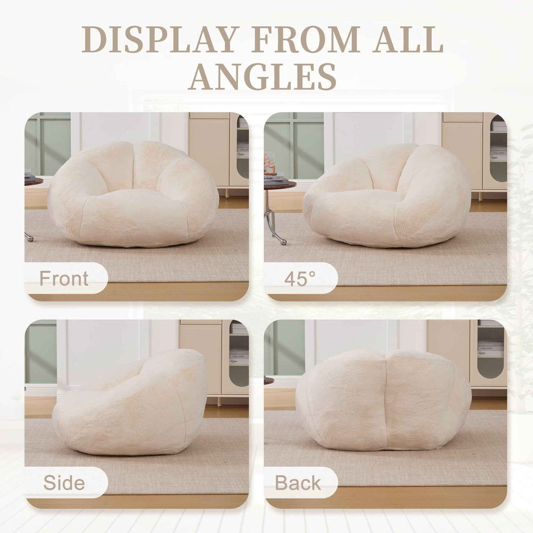 Lazy chair shell shaped sofa beige faux fur, memory foam bean bag chair removable cover