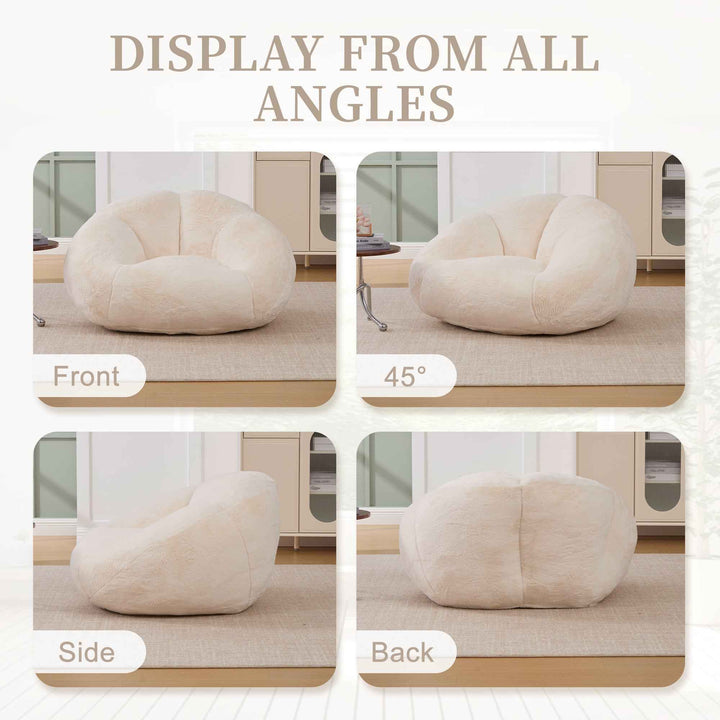 Lazy chair shell shaped sofa beige faux fur, memory foam bean bag chair removable cover