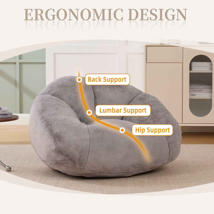 Lazy chair shell shaped sofa light grey faux fur, memory foam bean bag chair removable cover