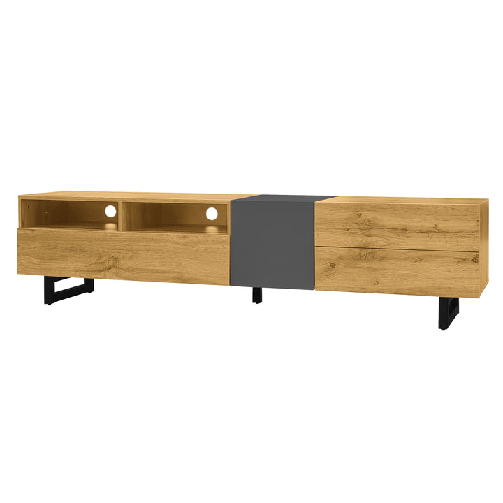 Colorblock TV cabinet retro wood grain compartments, U-shaped metal legs RESPIRATO