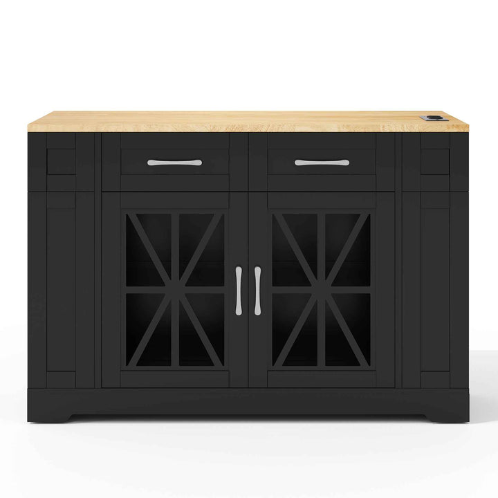 Kitchen Island on Wheels with Foldable Tabletop, AC Socket, USB Port, Glass Doors, Adjustable Shelves, Black & Natural MDF, 120x65x92cm, Multi-Functional Storage for Kitchen, Dining, Living Room