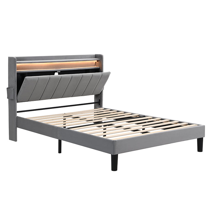 Upholstered velvet grey double bed with storage headboard, LED lighting and charging ports 135x190cm FIRNSNOW UK