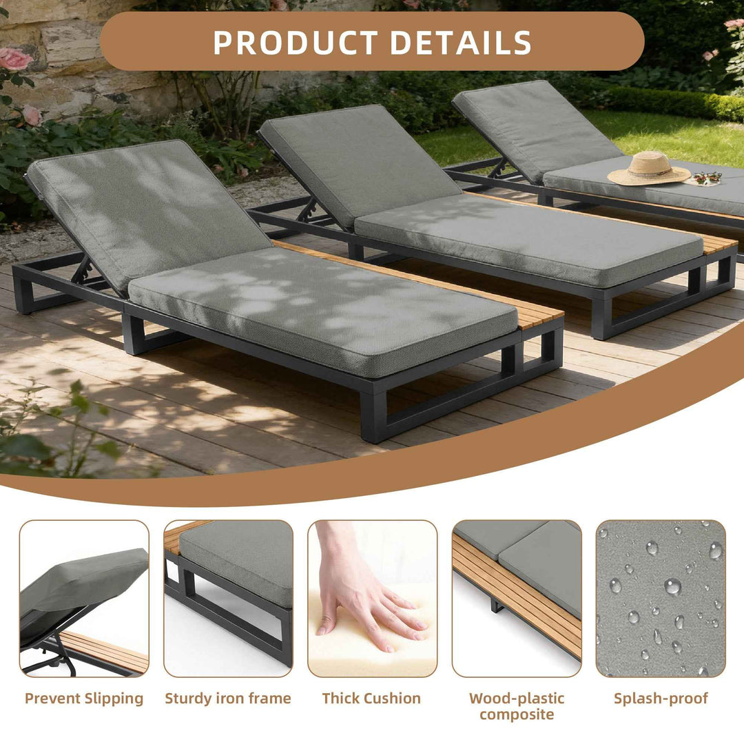Modern outdoor chaise lounge grey with teak wood side table,4-position adjustable sunlounger QUASARKRYNN