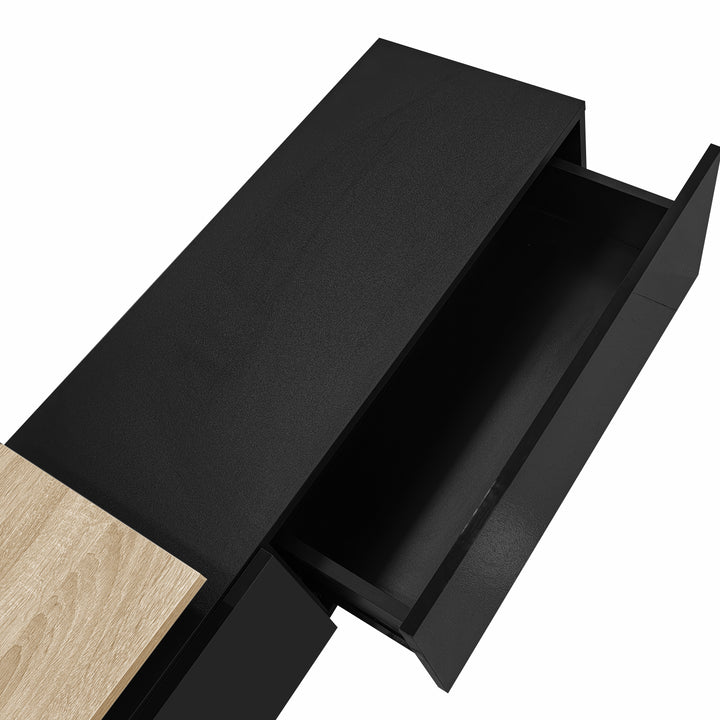 Modern black high gloss TV cabinet with glass shelves and LED lighting KETTLEHOLE