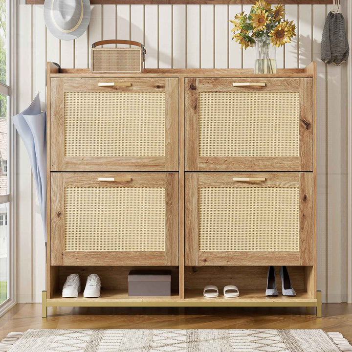 00+Shoe Cabinet with Rattan Doors & 4 Doors, Space-Saving Storage for Hallway CONCRETECREDENZA