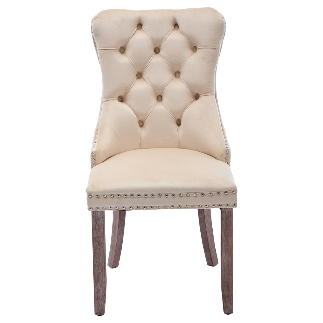 Set of 4 dining chairs velvet beige tufted with solid wood legs, nailheads and back chrome ring ELYSIUMAL