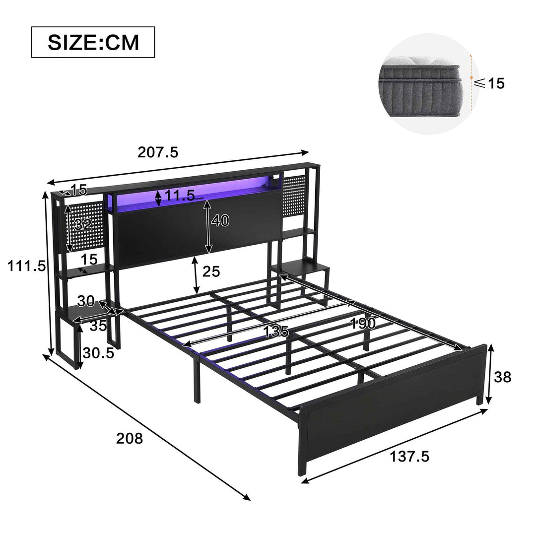 Metal Bed Frame Double 4ft6 135x190cm Black Iron with LED Lights, USB Charging Ports, One-Piece Bedside Table, Modern Minimalist Style for Bedroom
