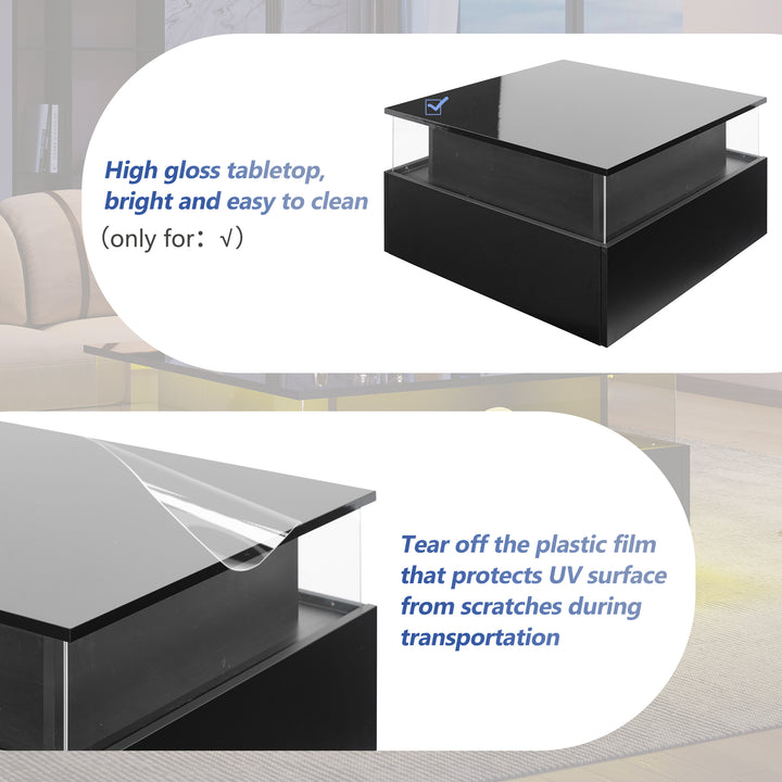 Modern LED light high gloss black square coffee table with 2 drawers THERAPY
