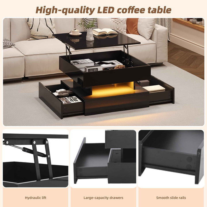 Lift top black high gloss coffee table with LED 2 drawers INFINITEMOMENTUU