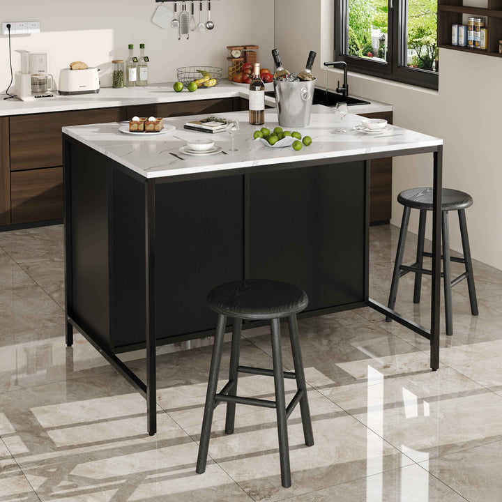 00+Kitchen Island Modern Style Black whit Marble Pattern Tabletop & 2 Drawers for Dining Room ARMOIRELITE