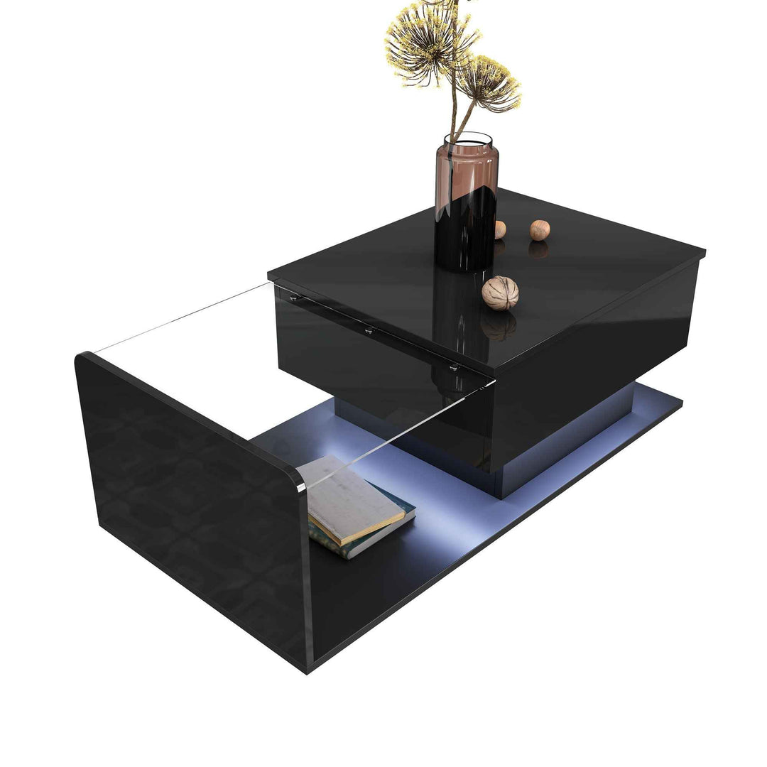 High gloss black coffee table with lift up top, LED lighting 100x50cm FLARERYLOTH