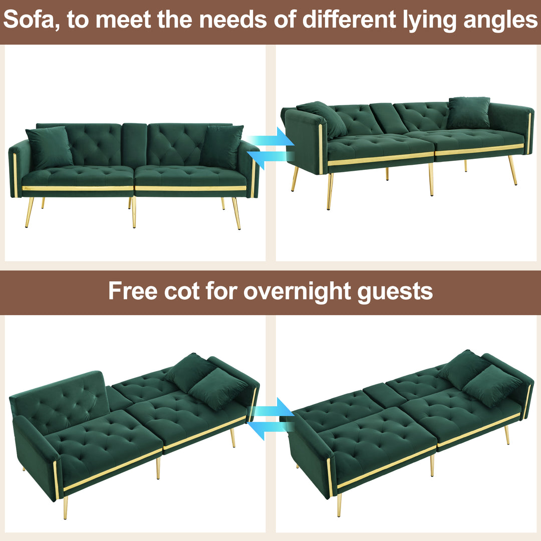 Green tufted velvet 2-seater sofa bed with adjustable backrest and hidden cup holders golden accent HYDROPON