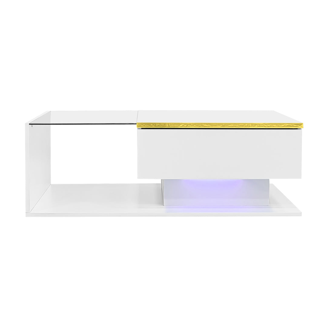 Modern high gloss white coffee table with LED lights golden accent SHEATH