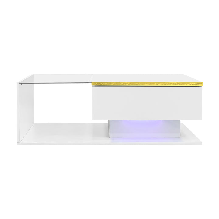 Modern high gloss white coffee table with LED lights golden accent SHEATH