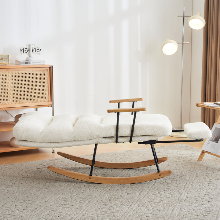 White boucle fabric nursery rocking chair with glider footrest PATINA UK