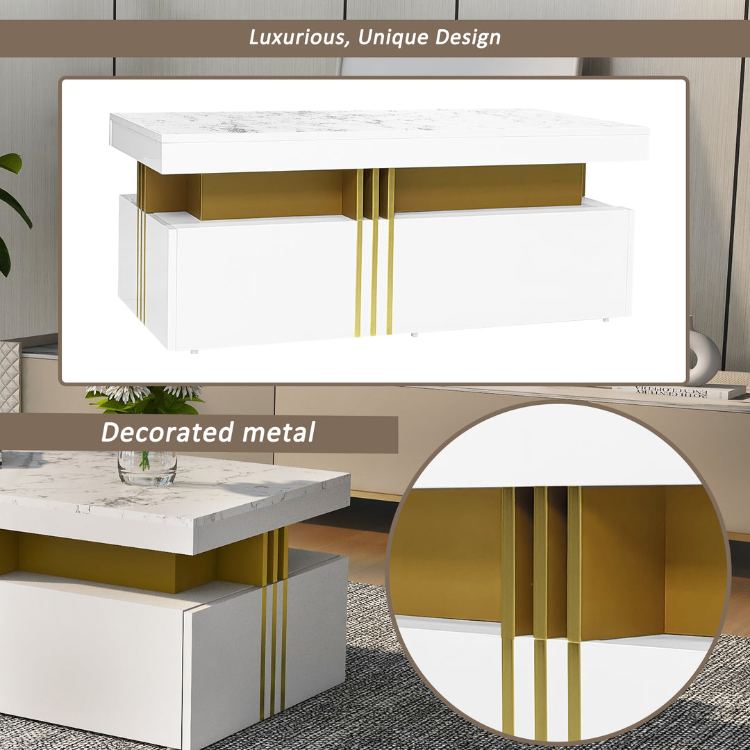 White marble look coffee table with gold accents and 2 drawers CREPUSCRAY