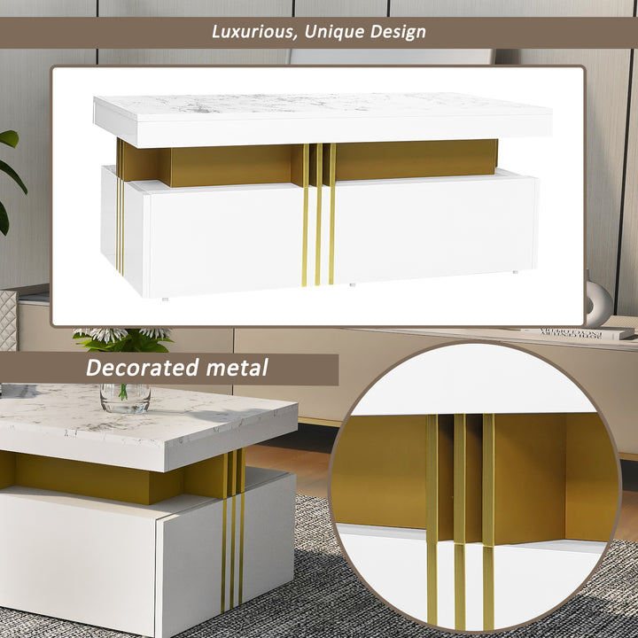 White marble look coffee table with gold accents and 2 drawers CREPUSCRAY