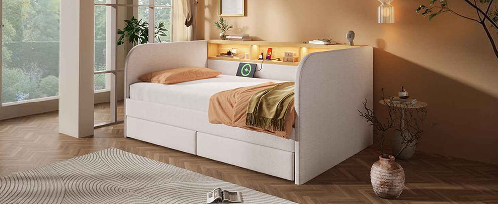 Single Upholstered Daybed 90x190cm with LED Headboard Storage, USB Type-C Charging, 2 Drawers, Linen Beige, Modern Sofa Bed for Bedroom