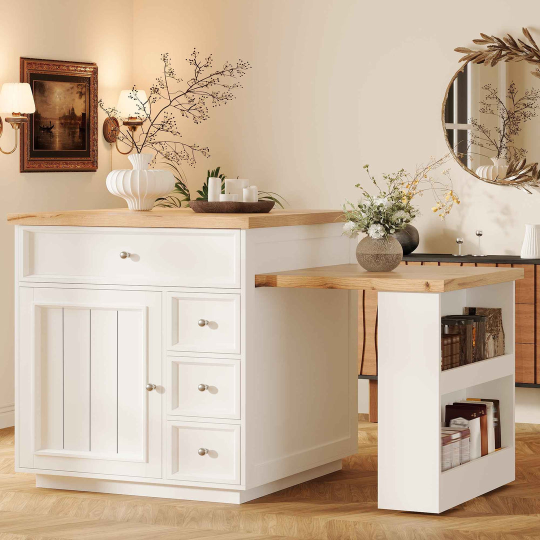 Kitchen Island with Extendable Tabletop (120-184cm), Drawers & Lockable Casters, MDF Wood-Look, White/Black – Mobile Counter for Kitchen, Dining & Bar