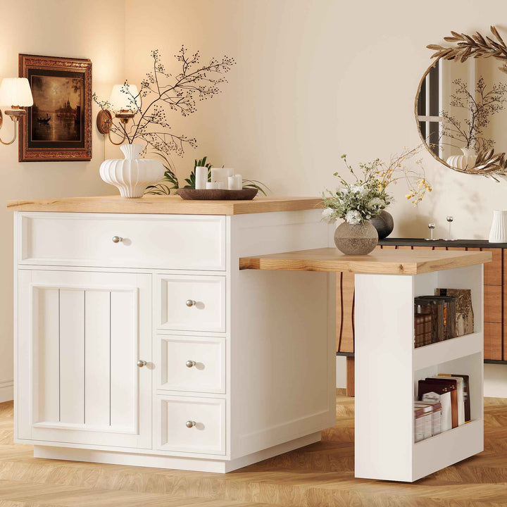 Kitchen Island with Extendable Tabletop (120-184cm), Drawers & Lockable Casters, MDF Wood-Look, White/Black – Mobile Counter for Kitchen, Dining & Bar