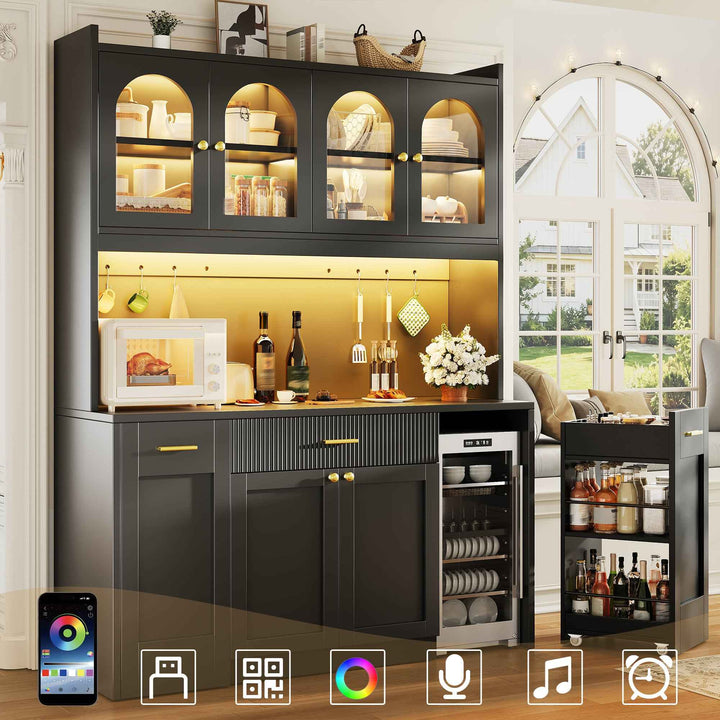 Black tall kitchen hutche cabinet with RGB LED, glass display, drawers & removable shelves 120cm RACKWALNUT