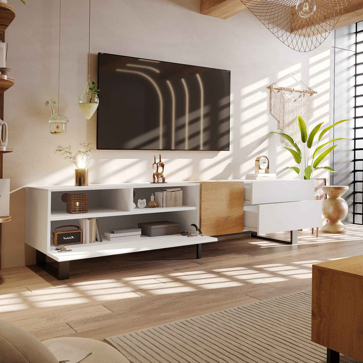 TV Cabinet 180cm White & Wood, MDF, 2 Drawers 2 Doors, Modern Minimalist, Large Storage, Living Room