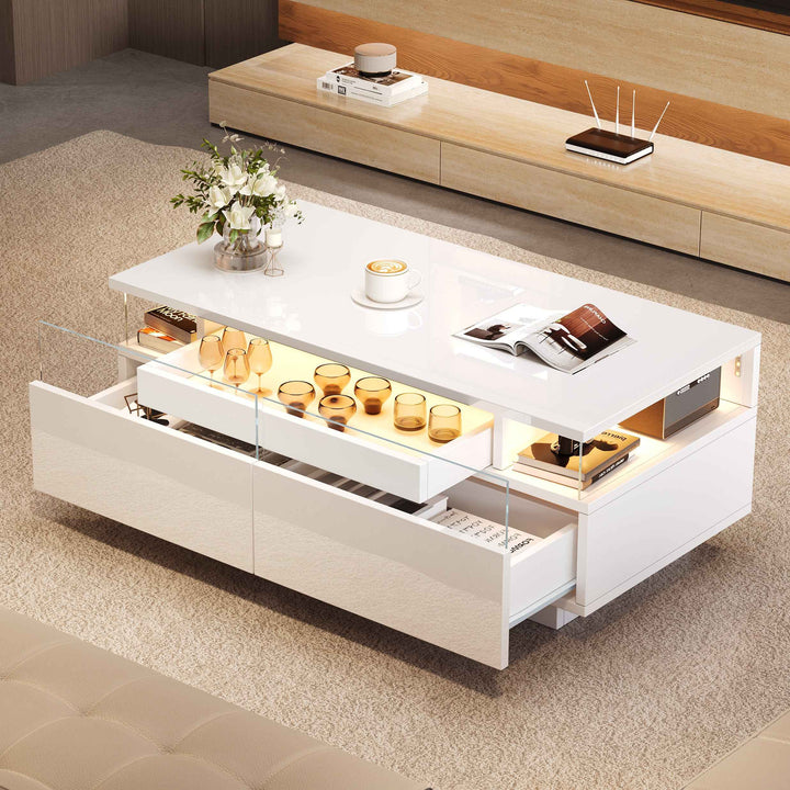 White high gloss coffee table with LED lights, 2 drawers, pull-out tray FLAREVORNAX
