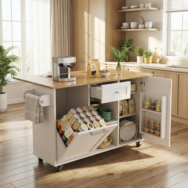 White wooden kitchen island trolley with extendable tabletop and storage cabinets ASCENDIST