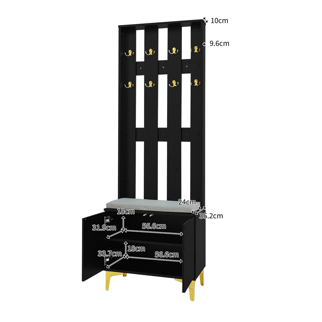 Black wooden entryway coat hanger, bench and cushion, and shoe cabinet TERMITEMOUND