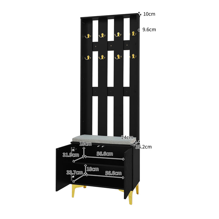 Black wooden entryway coat hanger, bench and cushion, and shoe cabinet TERMITEMOUND