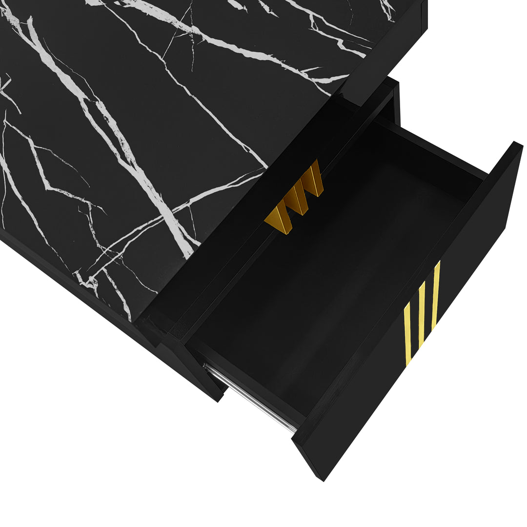 Modern black coffee table with marble-pattern top golden accents LEDGER