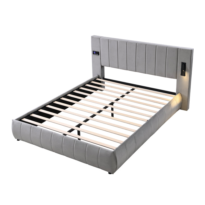 Upholstered velvet grey king bed with sound stereo, lamps and charging ports 150x200cm PNEUMATOPHORE UK