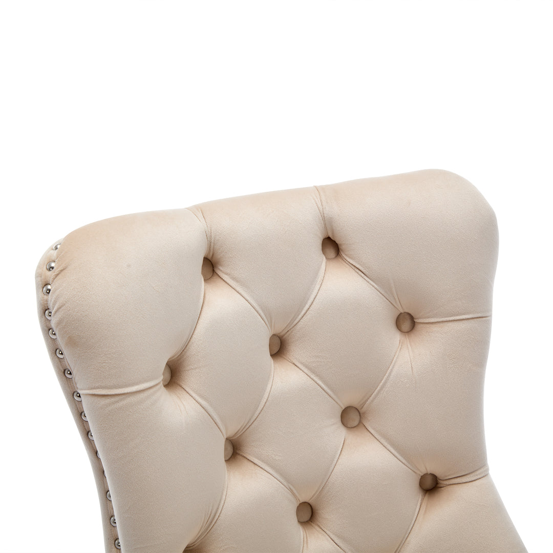 Set of 4 dining chairs velvet beige tufted with solid wood legs, nailheads and back chrome ring ELYSIUMAL