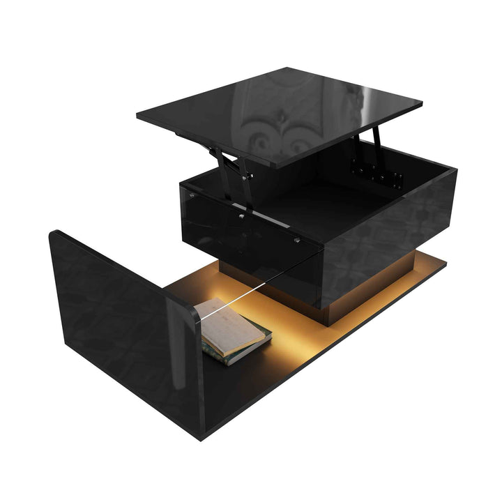 High gloss black coffee table with lift up top, LED lighting 100x50cm FLARERYLOTH