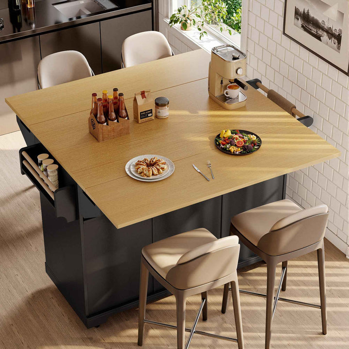 Extendable kitchen island trolley dining bar table wooden and black storage INFINITEMOME