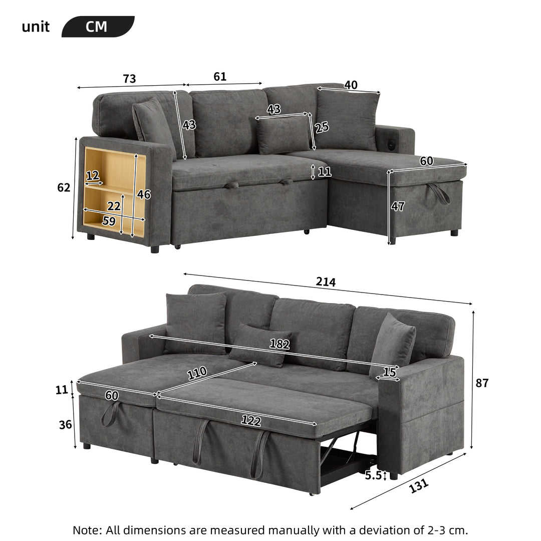 Grey L-shaped corner sofa bed, side shelf with integrated USB and storage VOLATILGAS