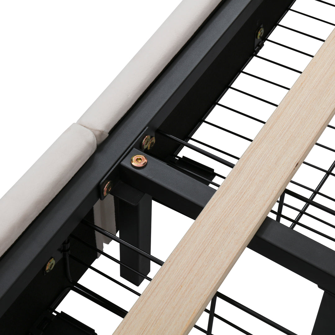 Beige velvet upholstered double bed (135×190cm) 2 drawers and storage pockets PORE