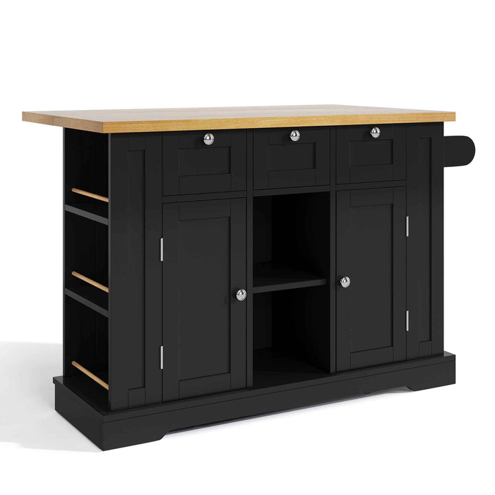 00+Kitchen Island on Wheels 132cm, Foldable Drop Leaf, MDF, Natural+Black, 3 Drawers, Spice Rack, Towel Holder, Charging Station VERTEXKORR