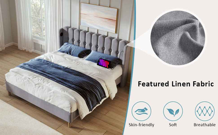 Double Bed Frame with USB & Type-C Charging, 4ft6 Grey Linen Upholstered, Wooden Slats, Modern Panel Headboard, Space-Saving for Bedroom & Guest Room (No Mattress)