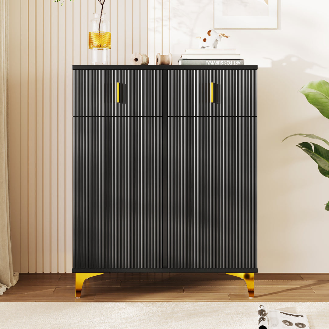 Black shoe cabinet with textured design and golden legs CEDARGLADE UK