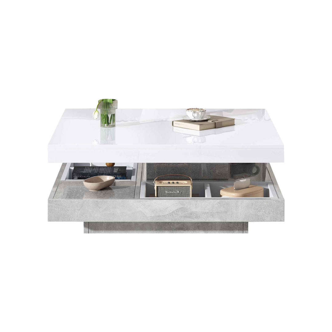 Rotating 360° white high-gloss coffee table marble-patterned, double-layer storage FLARENEXUSA