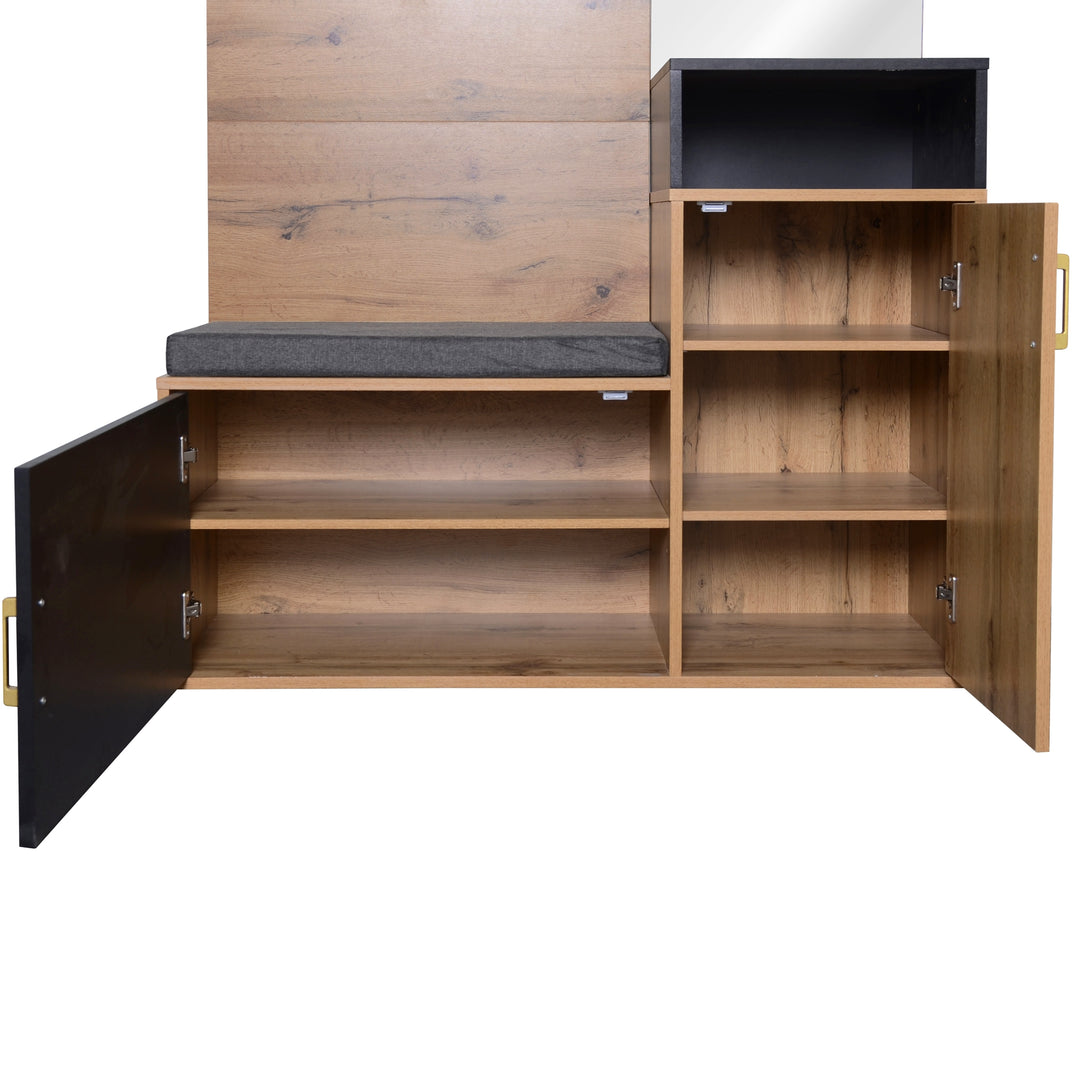 Wooden look entryway coat rack with bench shoe cabinet & mirror CLUBMOSSSPIKE